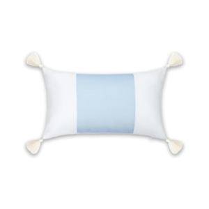 A blue and white pillow with tassels available for purchase on Amazon.