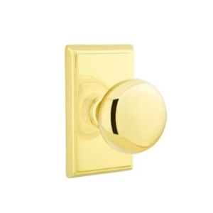 a brass door knob on a rectangular brass door plate