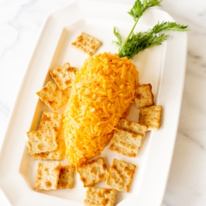 A carrot shaped cheese ball on a white plate, surrounded by crackers.