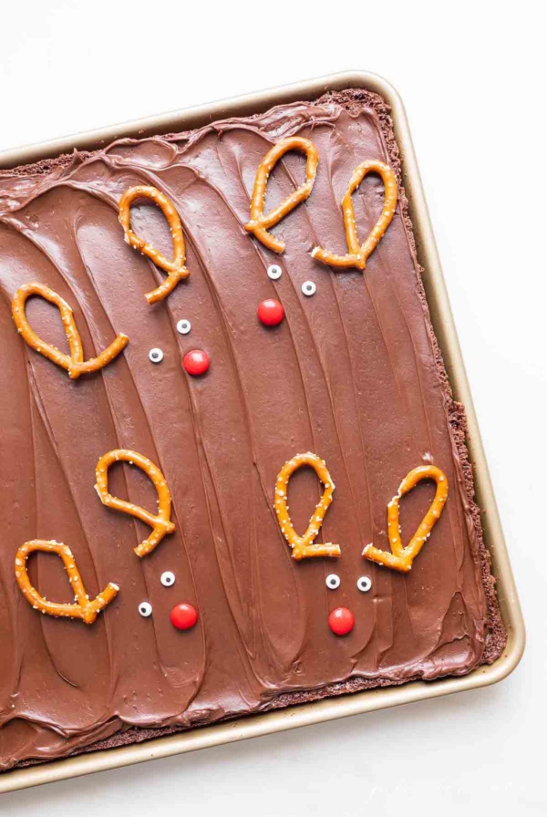 Christmas brownies with pretzels shaped into reindeer.