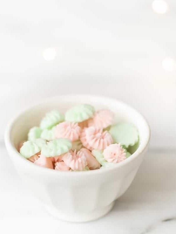 Cream cheese mints served in a white bowl