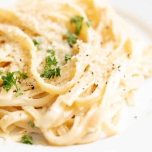 Close up of fettuccine noodles covered in an alfredo sauce recipe