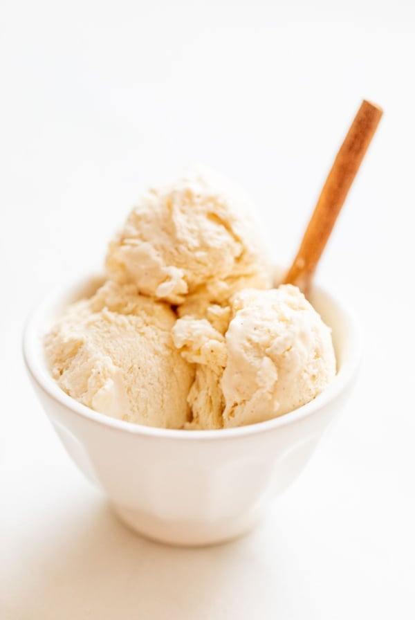 eggnog ice cream served in a small white bowl