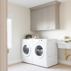 A laundry room with greige cabinets, a wall sink and herringbone floor.