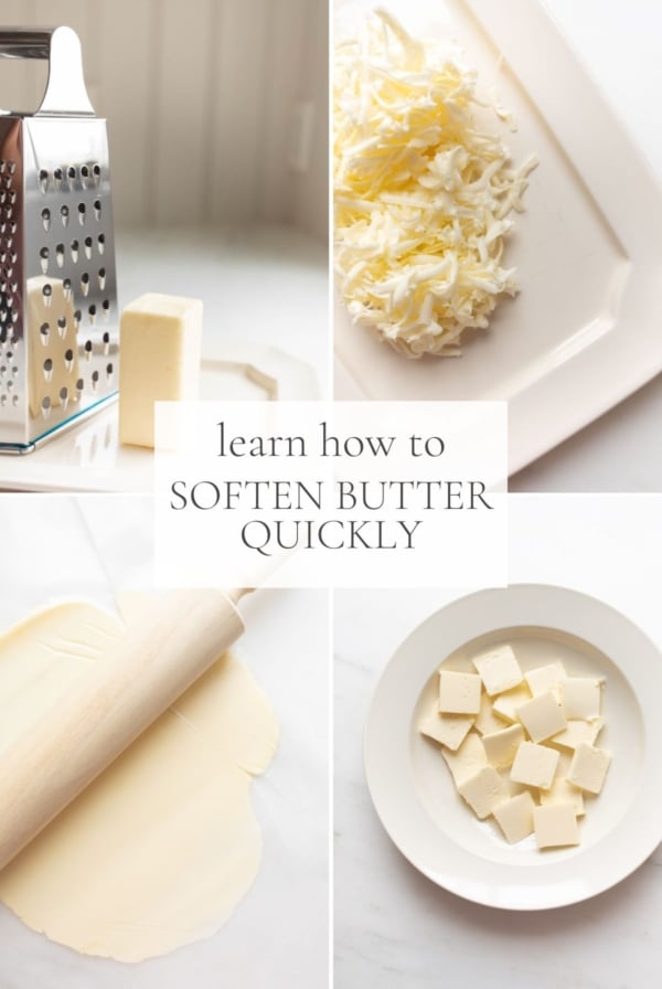 A graphic image with a headline that reads "learn how to soften butter quickly" with a variety of images of softened butter techniques.