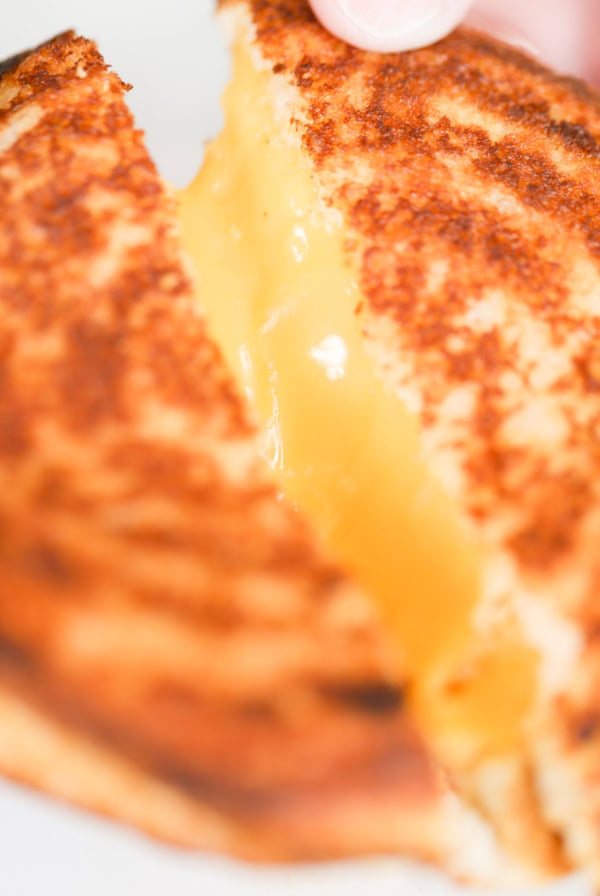 Close-up of a campfire grilled cheese sandwich, with golden, melted cheese oozing out from the center against a white background.