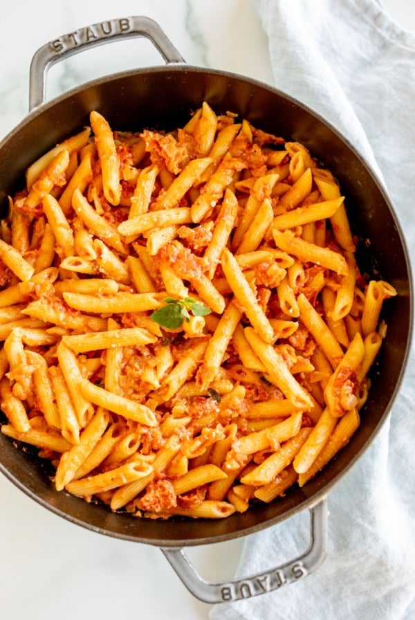 Penne alla vodka in a cast iron skillet.