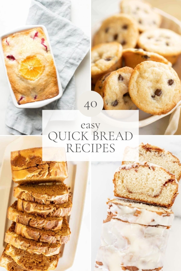 A graphic image featuring four different pictures of quick bread recipes - title reads "40 Easy Quick Bread Recipes"