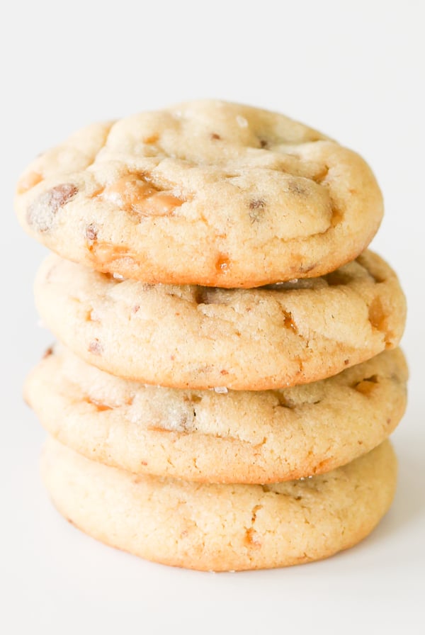 A stack of toffee cookies on a white background.