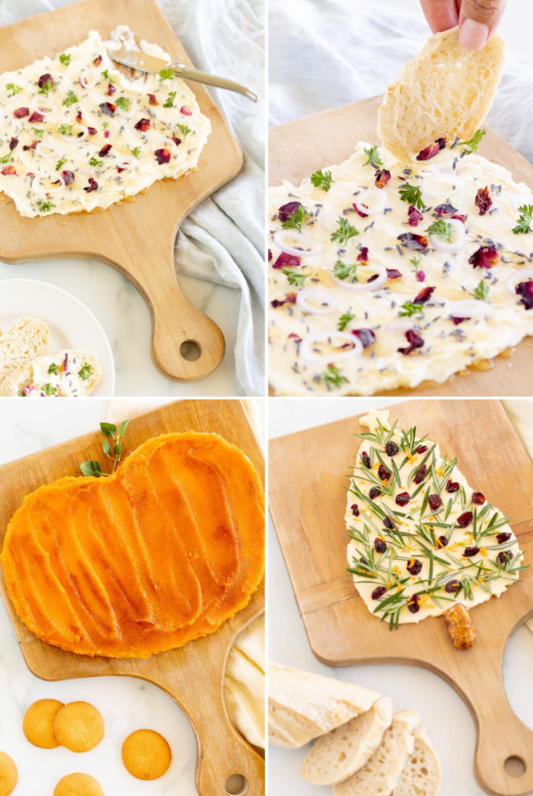 A graphic image combining three different pictures of butter boards - one for Christmas, one traditional, and one in the shape of a pumpkin